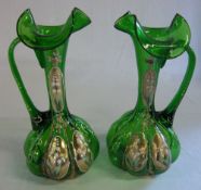 Pr of Vict green glass jugs with Lily of the Valley flowers 21cm high