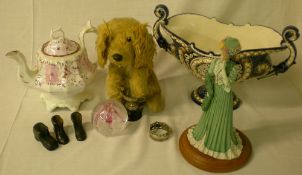 Capodimonte figurine, majolica 2 handled vase, Vict lustre teapot, puppy cuddly toy, glass paper
