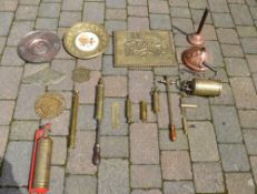 Various brass & copper inc poshers, safe plaques etc