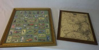 Framed cigarette cards of birds & a framed plan of Farsley