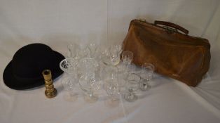 Various glassware, hat, brass candlestick & bag etc