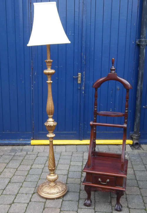 Gilt standard lamp and reproduction clothes stand with drawer