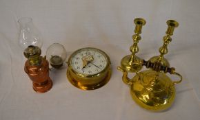 Brass kettle, candlesticks etc