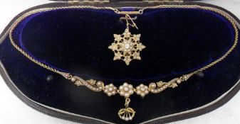 15ct gold diamond & pearl necklace and brooch set