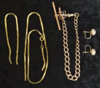 Broken 9ct gold chain, pt of 9ct rose gold fob chain & T bar & a pr of 9ct gold & synthetic pearl