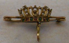 9ct gold brooch with coloured stones and seed pearls