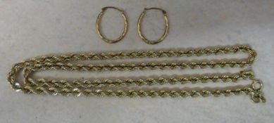 9ct gold rope chain L 20" & pr of 9ct hoop earrings total weight 6.3 g