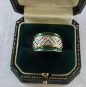 9ct gold diamond and green enamel ring, size O