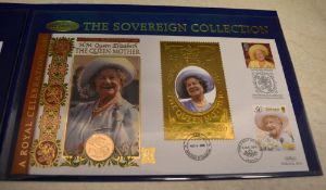 Benham The Queen Mother Sovereign collection inc 2000 22ct gold sovereign & stamps