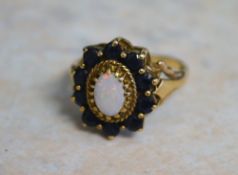 9ct gold sapphire & opal ring, size L