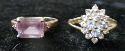 9ct gold Amethyst ring & 9ct gold blue Topaz & Cubic Zirconia ring, size N