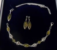 Silver and peridot pendant and chain, bracelet & earrings set