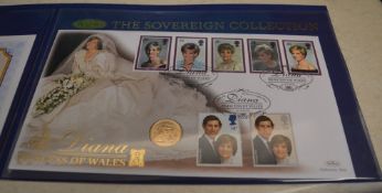 Benham Diana Princess of Wales Sovereign collection inc 1981 22ct gold full sovereign & 7 stamps