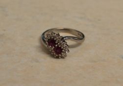 18ct white gold ruby & diamond twist ring, size N