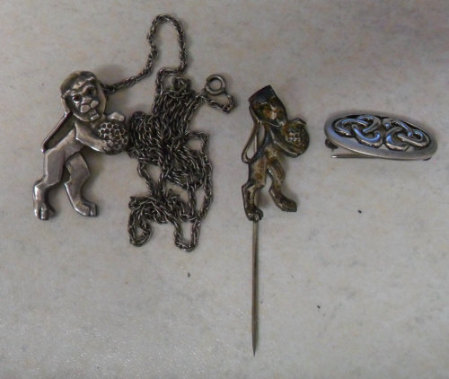 Sterling silver lion pendant and chain & pin Birmingham 1978 Maker Derek Birch &  silver brooch
