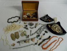 Various costume jewellery inc enamelled brooches, coral necklace & diamante bracelet