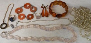 Amber style bracelet and earrings, simulated pearl necklaces, 2 dress rings. pink quartz necklace,