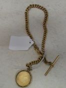 9ct gold chain & T bar with gold plated coin & housing, approx weight 50g