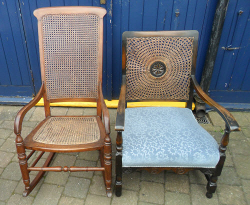1930s cane back open arm chair & cane back rocking chair