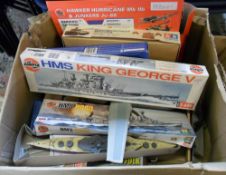 Airfix model kits inc HMS Hood, HMS King George V etc