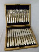 Mother of pearl knives & forks with silver collars, in wooden case, Birm 1972