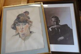 Framed water colour portrait by E Stilling & a framed print of Noel Coward