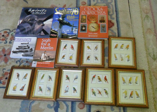 Framed cigarette cards, various aviation books etc