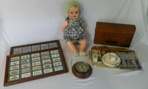 Water testing kit, 2 sets of framed cigarette cards, beatles programme, 1930/40s doll etc