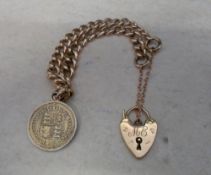 9ct gold curb chain with padlock & sixpence, approx weight 15g