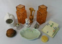 Crown Devon fruit bowl, candle holder, pair of vases, trinket dish, wooden vase etc