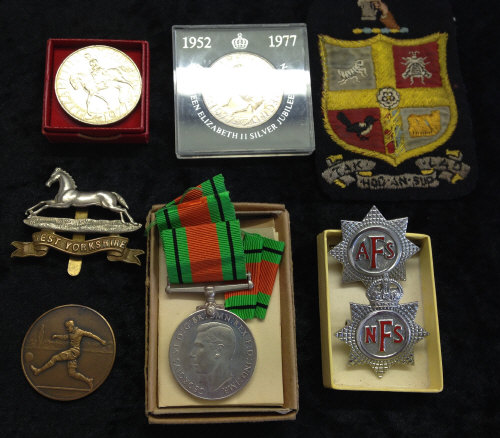 West Yorkshire cap badge, 2 fire service badges, defence medal, football medal etc