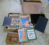 Various sheet music and cases