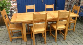 Solid elm extending dining table by James Elliott & six chairs, 221cm x 90cm
