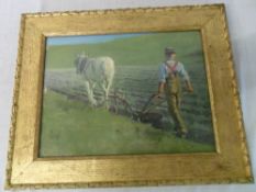 Oil on canvas of a plough scene signed poss 'A Hugh Ficher'