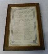 Framed document itemising WWI servicemen from North Thoresby who died and those who survived