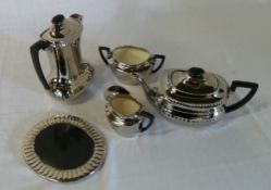 Devon ware silver lustre coffee/tea set (damage to tea pot lid) & silver rimmed glass specimen vase