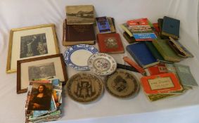 Various books, football programmes, cutthroat razors, postcards, various ceramic plates etc