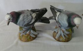 Pr of 19th cent Meissen style porcelain pidgeon figures with bisected parallel line mark to base (