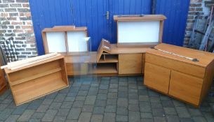 Tapley side board, sm cabinet, 3 wall units with 4 bracket shelves, 6 hanging brackets etc