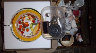 Wooden tray, 2 Clarice Cliff limited ed Wedgwood plates, crested china, white metal ring etc