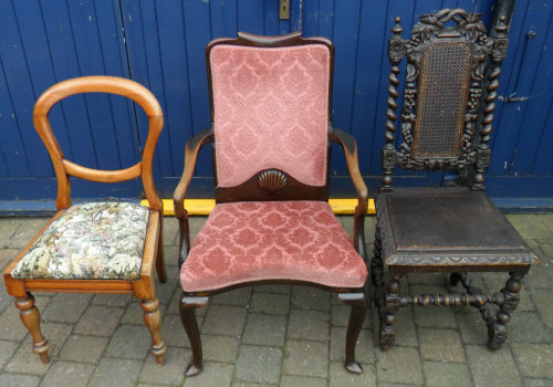Vict balloon back dining chair, Queen Anne style open arm chair & a carved oak cane back chair