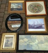 Framed floral tapestry, Ltd Ed print of a Grimsby dock scene 'The call of the sea' signed in