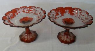 2 Bohemian glass comports decorated with deer (af)