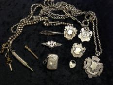 Miniature silver vesta case(broken hindge) Birm 1903, 4 silver fobs Birm 1890-99 with 3 chains(not
