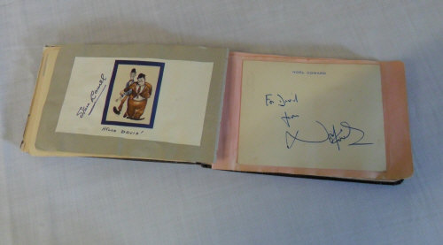 Autograph book inc signitures by Stan Laurel, Noel Coward, Vic Oliver, Cricketers Brian Statham,