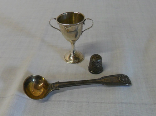 Silver salt spoon London, May/June 1837, silver trophy & sterling silver thimble