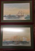 Pr framed watercolours of whaling scenes after John Ward one signed Bannister 1992