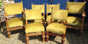 6 early 20th Cent heavy oak overstuffed dining chairs inc 2 carvers