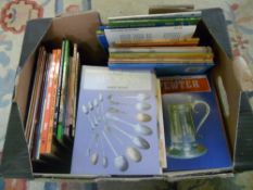 Collectors books inc spoons, pewter, hallmarks on English silver etc