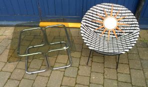 1960s plastic weave tub chair, smoke glass coffee table & star clock